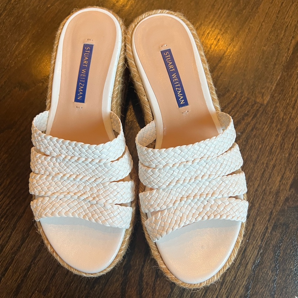 Stuart Weitzman White Braided Espadrille Slide Sandals